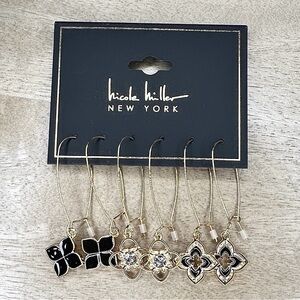 Nicole Miller NWT Set of 3 Pairs of art deco Black & Gold color Dangle Earrings